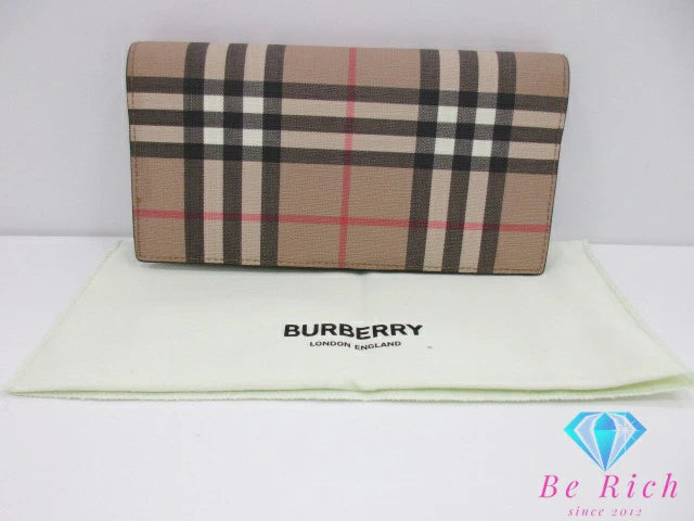 バーバリー BURBERRY 二つ折り財布 長財布 チェック ベージュ ブラウン 茶 PVC レザー ロゴ ロング ウォレット 【中古】【送料無料】 bs3958