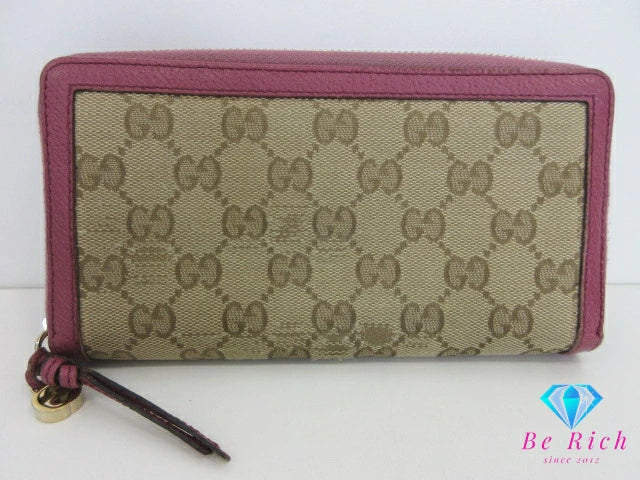 グッチ GUCCI ラウンド ファスナー 長財布 394005 ブリー GG カーキ ピンク パープル 紫 キャンバス レザー ロゴ 二つ折り財布 ロング ウォレット 【中古】【送料無料】bs3961