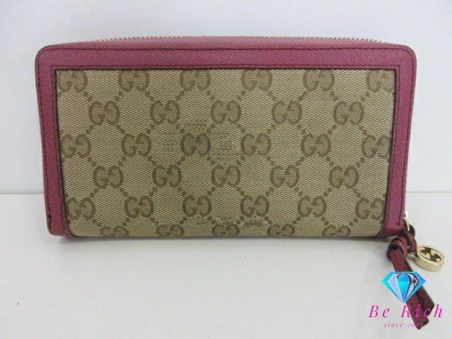 グッチ GUCCI ラウンド ファスナー 長財布 394005 ブリー GG カーキ ピンク パープル 紫 キャンバス レザー ロゴ 二つ折り財布 ロング ウォレット 【中古】【送料無料】bs3961