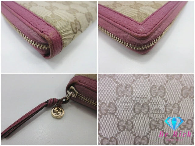 グッチ GUCCI ラウンド ファスナー 長財布 394005 ブリー GG カーキ ピンク パープル 紫 キャンバス レザー ロゴ 二つ折り財布 ロング ウォレット 【中古】【送料無料】bs3961