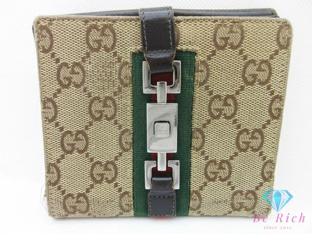 グッチ GUCCI Wホック 二つ折り財布 05474 ジャッキー GG ベージュ ブラウン 茶 キャンバス レザー ロゴ コンパクト ウォレット【中古】【送料無料】bs3962