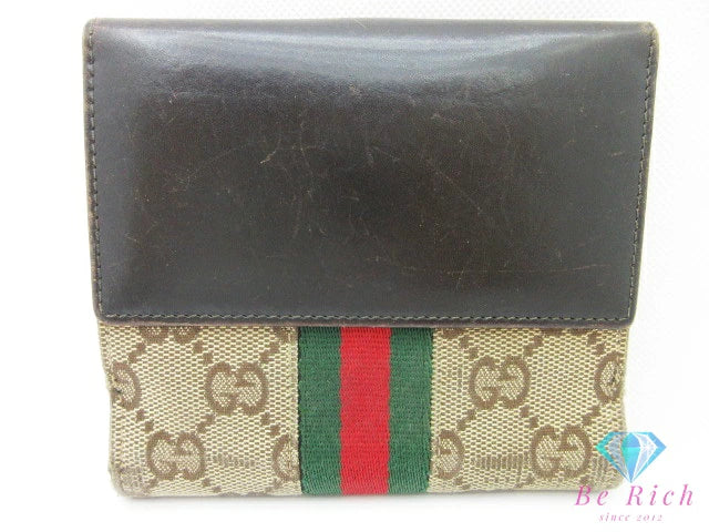 グッチ GUCCI Wホック 二つ折り財布 05474 ジャッキー GG ベージュ ブラウン 茶 キャンバス レザー ロゴ コンパクト ウォレット【中古】【送料無料】bs3962