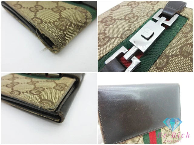 グッチ GUCCI Wホック 二つ折り財布 05474 ジャッキー GG ベージュ ブラウン 茶 キャンバス レザー ロゴ コンパクト ウォレット【中古】【送料無料】bs3962