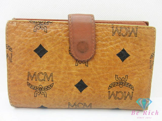 MCM エムシーエム 二つ折り財布 コニャック キャメル 茶 ブラウン ヴィセトス モノグラム ロゴ レザー コンパクト ウォレット 【中古】【送料無料】 bs3969