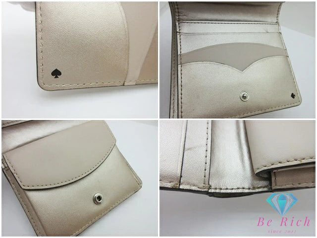 ケイトスペード kate spade 二つ折り 財布 WLRU5595 メタリック ベージュ レザー コンパクト ウォレット  【中古】【送料無料】 bs3970