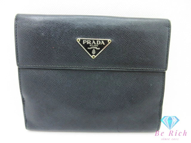 プラダ PRADA W ホック 二つ折り財布 M172 黒 ブラック NERO サフィアーノ レザー ロゴ コンパクト ウォレット  【中古】【送料無料】 bs3974