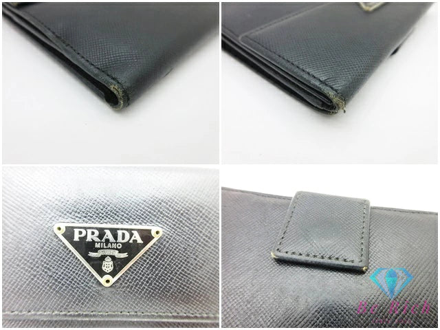 プラダ PRADA W ホック 二つ折り財布 M172 黒 ブラック NERO サフィアーノ レザー ロゴ コンパクト ウォレット  【中古】【送料無料】 bs3974