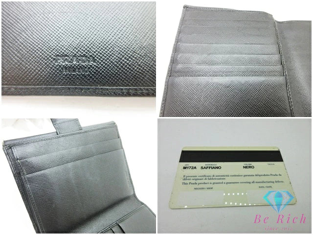 プラダ PRADA W ホック 二つ折り財布 M172 黒 ブラック NERO サフィアーノ レザー ロゴ コンパクト ウォレット  【中古】【送料無料】 bs3974