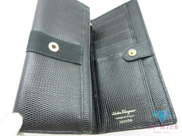 サルヴァトーレ フェラガモ Ferragamo ヴァラ 二つ折り 長財布 22 3059 黒 ブラック レザー リボン ロゴ 二つ折り財布 ロング ウォレット  【中古】【送料無料】bs3985