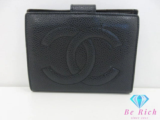 シャネル CHANEL Wホック 二つ折り財布 がま口 小銭入れ 黒 ブラック キャビアスキン レザー ココマーク CC ロゴ コンパクト ウォレット  【中古】【送料無料】 bs3991