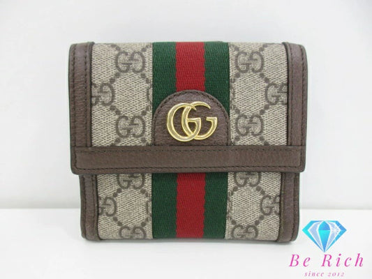 グッチ GUCCI オフィディア フレンチ フラップ ウォレット Wホック 二つ折り財布 523173 エボニー シェリー ウェブ GG スプリーム ロゴ PVC レザー ベージュ ブラウン 茶 三つ折り財布 コンパクト ミニ 【中古】【送料無料】 bs3994