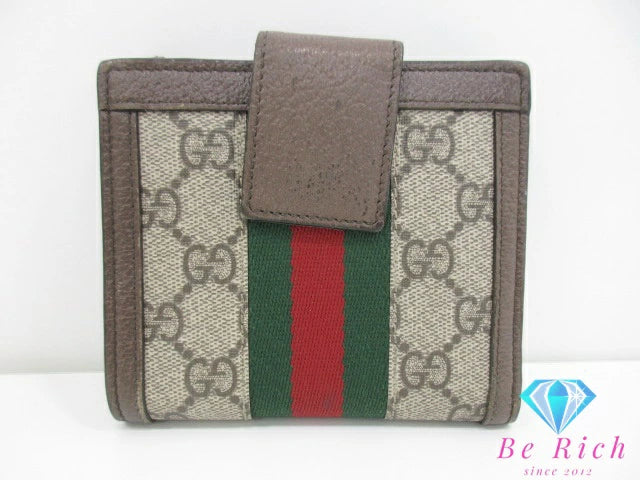 グッチ GUCCI オフィディア フレンチ フラップ ウォレット Wホック 二つ折り財布 523173 エボニー シェリー ウェブ GG スプリーム ロゴ PVC レザー ベージュ ブラウン 茶 三つ折り財布 コンパクト ミニ 【中古】【送料無料】 bs3994