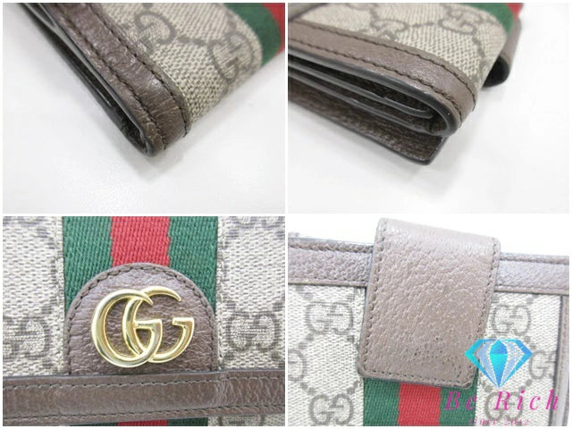 グッチ GUCCI オフィディア フレンチ フラップ ウォレット Wホック 二つ折り財布 523173 エボニー シェリー ウェブ GG スプリーム ロゴ PVC レザー ベージュ ブラウン 茶 三つ折り財布 コンパクト ミニ 【中古】【送料無料】 bs3994