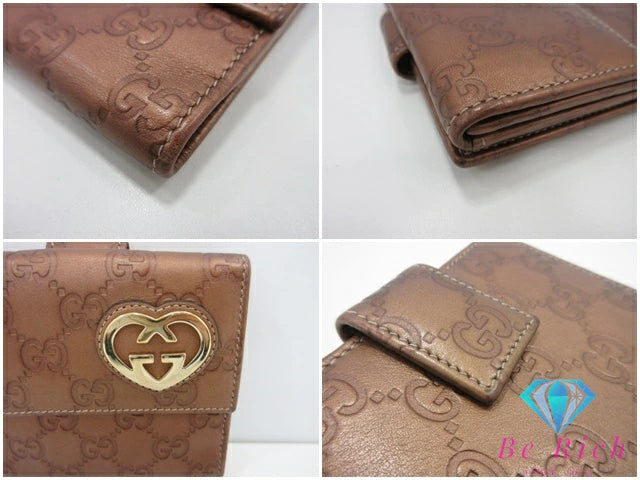 グッチ GUCCI Wホック 二つ折り財布 245727 GG シマ ブロンズ ブラウン 茶 インターロッキング ロゴ レザー コンパクト ウォレット 【中古】【送料無料】bs3996