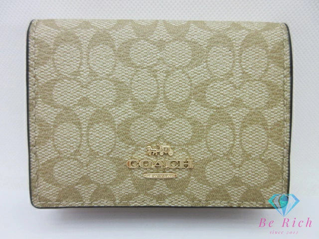 コーチ COACH シグネチャー 三つ折り財布 91806 スモール ウォレット PVC レザー ベージュ アイボリー ロゴ ミニ コンパクト  【中古】【送料無料】 bs4002