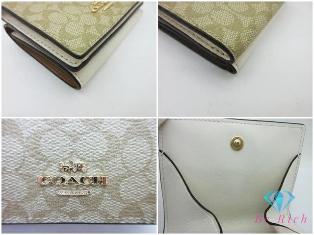 コーチ COACH シグネチャー 三つ折り財布 91806 スモール ウォレット PVC レザー ベージュ アイボリー ロゴ ミニ コンパクト  【中古】【送料無料】 bs4002