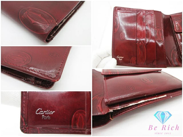 カルティエ Cartier 二つ折り財布 ハッピーバースデー ボルドー パテント レザー エナメル ロゴ コンパクト ウォレット  【中古】【送料無料】 bs4004