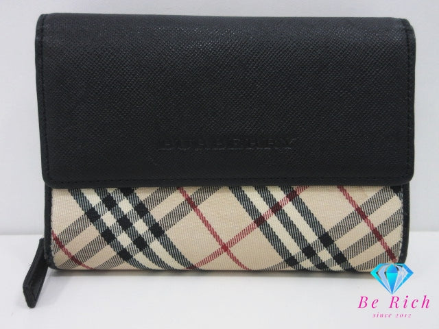 バーバリー BURBERRY 三つ折り財布 小銭入れ 黒 ブラック ノバ チェック キャンバス レザー ロゴ ミディアム コンパクト ウォレット 【中古】【送料無料】 bs4007