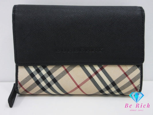 バーバリー BURBERRY 三つ折り財布 小銭入れ 黒 ブラック ノバ チェック キャンバス レザー ロゴ ミディアム コンパクト ウォレット 【中古】【送料無料】 bs4007