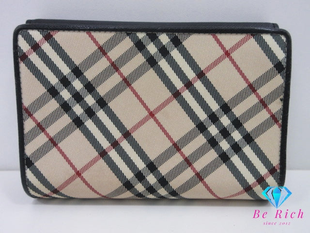 バーバリー BURBERRY 三つ折り財布 小銭入れ 黒 ブラック ノバ チェック キャンバス レザー ロゴ ミディアム コンパクト ウォレット 【中古】【送料無料】 bs4007