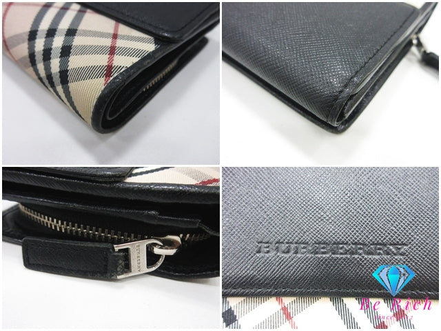 バーバリー BURBERRY 三つ折り財布 小銭入れ 黒 ブラック ノバ チェック キャンバス レザー ロゴ ミディアム コンパクト ウォレット 【中古】【送料無料】 bs4007