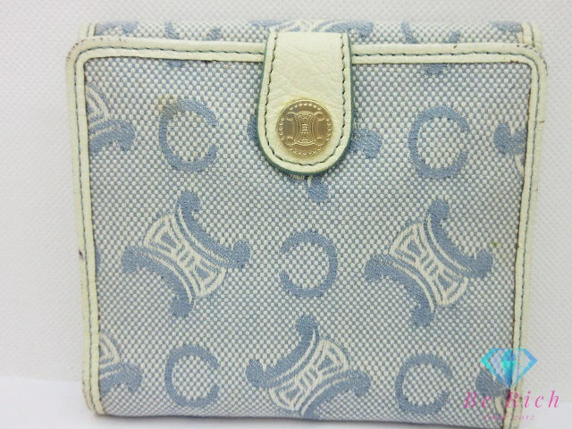 セリーヌ CELINE Wホック 二つ折り財布 C マカダム ブルー 青 白 ホワイト キャンバス レザー ロゴ コンパクト ウォレット  【中古】【送料無料】 bs4019
