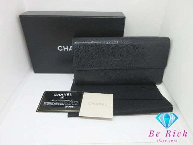 シャネル 二つ折り 長財布 黒 ブラック キャビアスキン レザー ココマーク ロング ウォレット CHANEL 【中古】【送料無料】 bs4029
