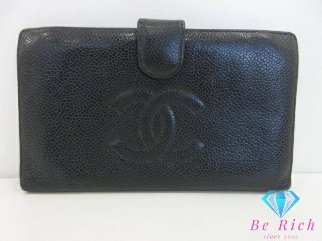 シャネル CHANEL 二つ折り財布 中財布 A13498 がま口 小銭入れ キャビアスキン レザー ブラック 黒 ココマーク CC ロゴ ロング ミディアム ウォレット 【中古】【送料無料】 bs4030