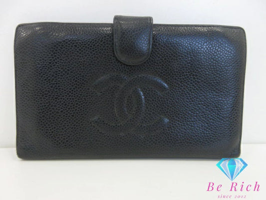 シャネル CHANEL 二つ折り財布 中財布 A13498 がま口 小銭入れ キャビアスキン レザー ブラック 黒 ココマーク CC ロゴ ロング ミディアム ウォレット 【中古】【送料無料】 bs4030