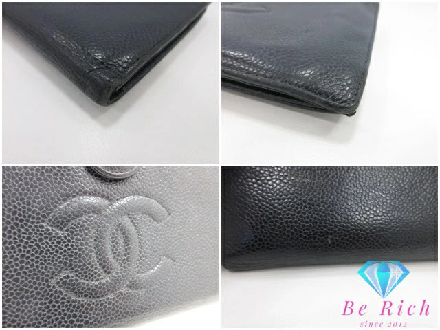 シャネル CHANEL 二つ折り財布 中財布 A13498 がま口 小銭入れ キャビアスキン レザー ブラック 黒 ココマーク CC ロゴ ロング ミディアム ウォレット 【中古】【送料無料】 bs4030
