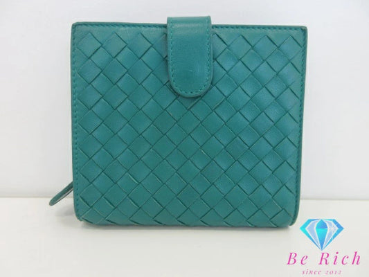 ボッテガ ヴェネタ BOTTEGA VENETA イントレチャート 二つ折り財布 114073 グリーン 緑 レザー ロゴ ミディアム コンパクト ウォレット  【中古】【送料無料】bs4035