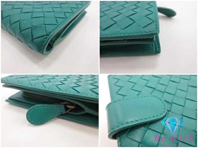 ボッテガ ヴェネタ BOTTEGA VENETA イントレチャート 二つ折り財布 114073 グリーン 緑 レザー ロゴ ミディアム コンパクト ウォレット  【中古】【送料無料】bs4035