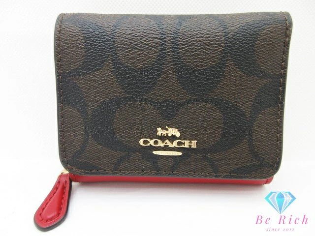 コーチ COACH シグネチャー 三つ折り財布 7331 スモール ウォレット 三つ折り 財布 PVC レザー 茶 ブラウン 赤 ロゴ ミニ コンパクト  【中古】【送料無料】 bs4036