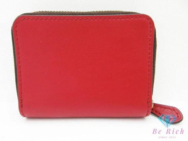 コーチ COACH シグネチャー 三つ折り財布 7331 スモール ウォレット 三つ折り 財布 PVC レザー 茶 ブラウン 赤 ロゴ ミニ コンパクト  【中古】【送料無料】 bs4036