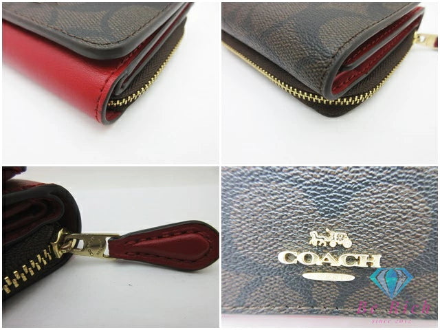 コーチ COACH シグネチャー 三つ折り財布 7331 スモール ウォレット 三つ折り 財布 PVC レザー 茶 ブラウン 赤 ロゴ ミニ コンパクト  【中古】【送料無料】 bs4036