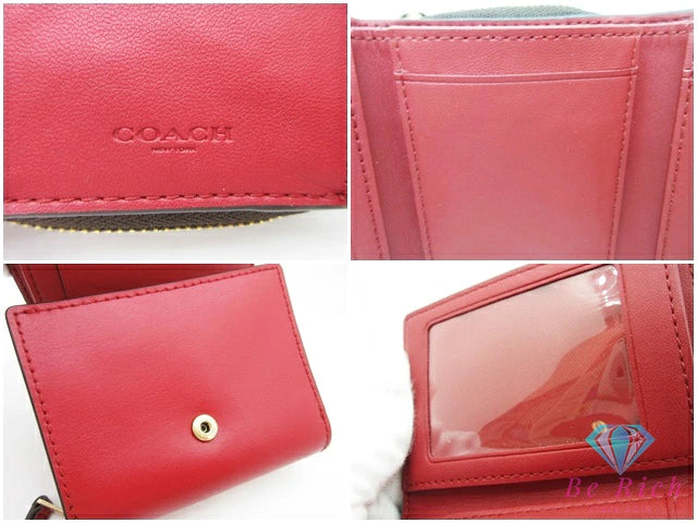 コーチ COACH シグネチャー 三つ折り財布 7331 スモール ウォレット 三つ折り 財布 PVC レザー 茶 ブラウン 赤 ロゴ ミニ コンパクト  【中古】【送料無料】 bs4036