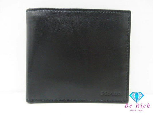 美品 プラダ PRADA メンズ 二つ折り財布 2M0738 サフィアーノ レザー 黒 ブラック ロゴ コンパクト ウォレット 【中古】【送料無料】 bs4057