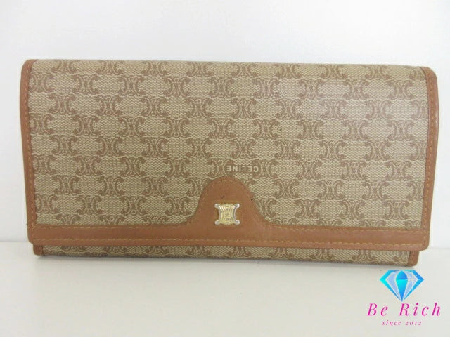 セリーヌ CELINE 二つ折り財布 長財布 がま口 小銭入れ マカダム ベージュ ブラウン 茶 PVC レザー ブラゾン ロゴ ロング ウォレット  【中古】【送料無料】 bs4059