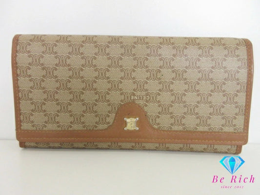 セリーヌ CELINE 二つ折り財布 長財布 がま口 小銭入れ マカダム ベージュ ブラウン 茶 PVC レザー ブラゾン ロゴ ロング ウォレット  【中古】【送料無料】 bs4059