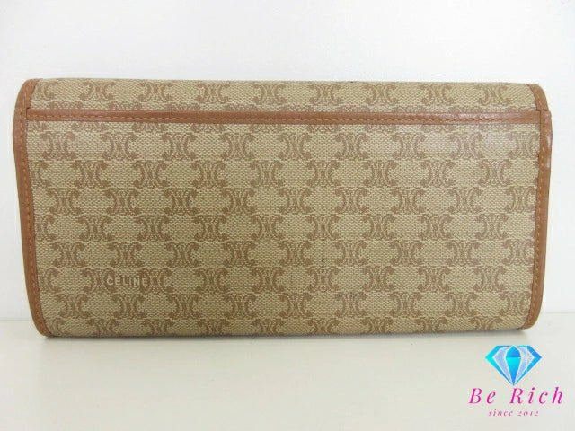 セリーヌ CELINE 二つ折り財布 長財布 がま口 小銭入れ マカダム ベージュ ブラウン 茶 PVC レザー ブラゾン ロゴ ロング ウォレット  【中古】【送料無料】 bs4059