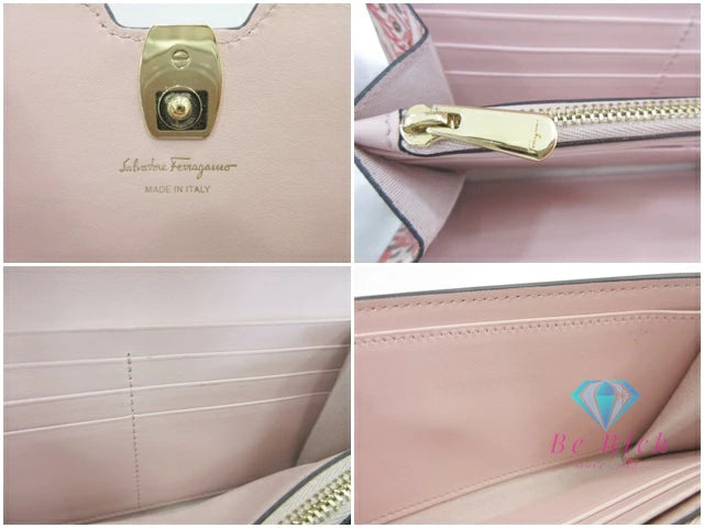サルヴァトーレ フェラガモ Salvatore Ferragamo 二つ折り財布 長財布 22E0008 755690 ニュー ヴァラ ピンク系 マルチカラー レザー ロング ウォレット  【中古】【送料無料】bs4060