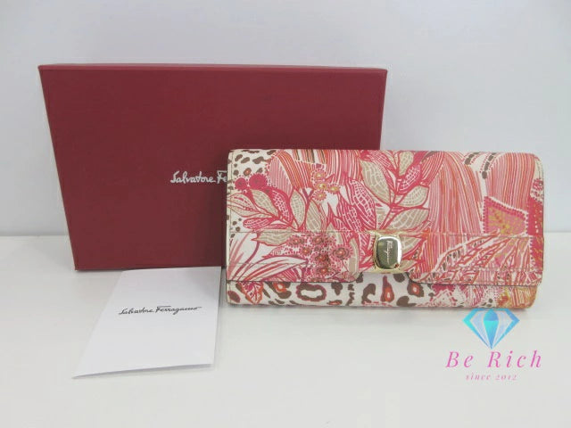 サルヴァトーレ フェラガモ Salvatore Ferragamo 二つ折り財布 長財布 22E0008 755690 ニュー ヴァラ ピンク系 マルチカラー レザー ロング ウォレット  【中古】【送料無料】bs4060