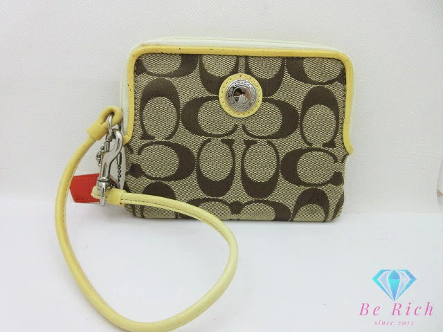 コーチ COACH リストレット カードケース コインケース 小銭入れ キャンバス パテントレザー 茶 ブラウン イエロー ロゴ コインパース コンパクト ウォレット  【中古】【送料無料】 bs4063
