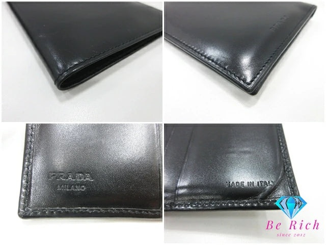 プラダ 二つ折り メンズ 札入れ 財布 M10X レザー 黒 ブラック レザー PRADA コンパクト ウォレット 【中古】【送料無料】bs4066