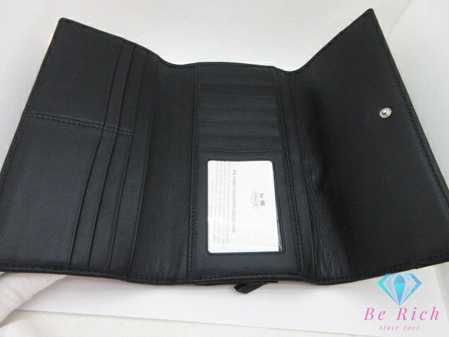 コーチ COACH 三つ折り財布 長財布 シグネチャー グレー 黒 ブラック キャンバス レザー ロゴ 二つ折り財布 ロング ウォレット 【中古】【送料無料】bs4067