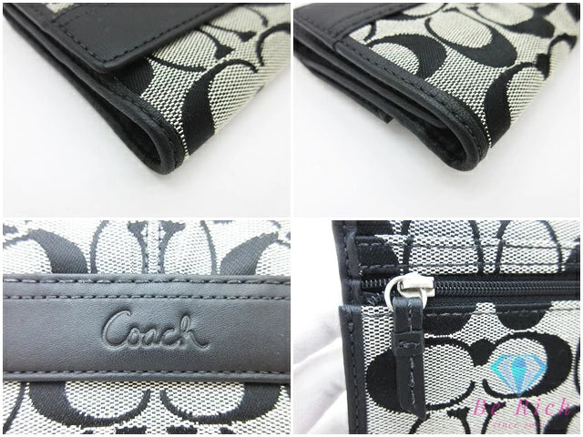 コーチ COACH 三つ折り財布 長財布 シグネチャー グレー 黒 ブラック キャンバス レザー ロゴ 二つ折り財布 ロング ウォレット 【中古】【送料無料】bs4067