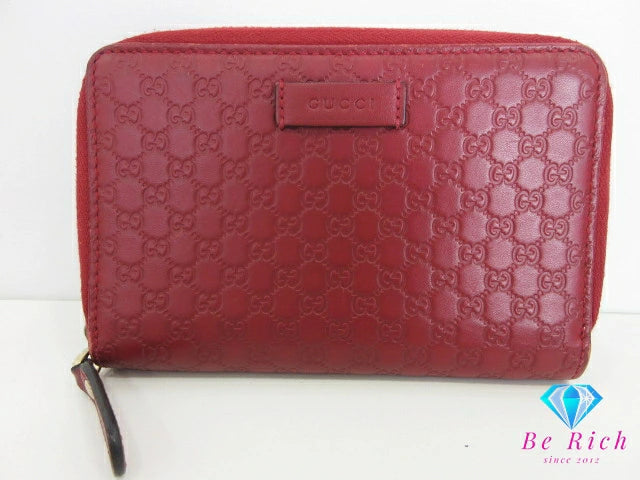 GUCCI ラウンド ファスナー 二つ折り財布 中財布 449423 マイクロ グッチ シマ ボルドー 赤系 レザー ロゴ ミディアム ウォレット コンパクト 【中古】【送料無料】 bs4073