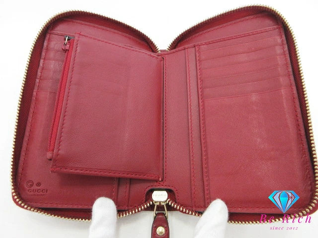 GUCCI ラウンド ファスナー 二つ折り財布 中財布 449423 マイクロ グッチ シマ ボルドー 赤系 レザー ロゴ ミディアム ウォレット コンパクト 【中古】【送料無料】 bs4073