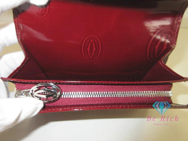 カルティエ Cartier 二つ折り財布 ハッピーバースデー ボルドー パテント レザー エナメル ロゴ 中財布 コンパクト ミディアム ウォレット  【中古】【送料無料】 bs4076
