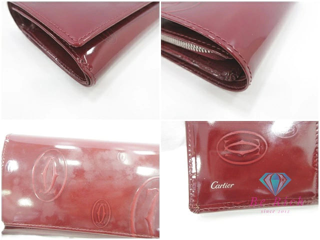 カルティエ Cartier 二つ折り財布 ハッピーバースデー ボルドー パテント レザー エナメル ロゴ 中財布 コンパクト ミディアム ウォレット  【中古】【送料無料】 bs4076